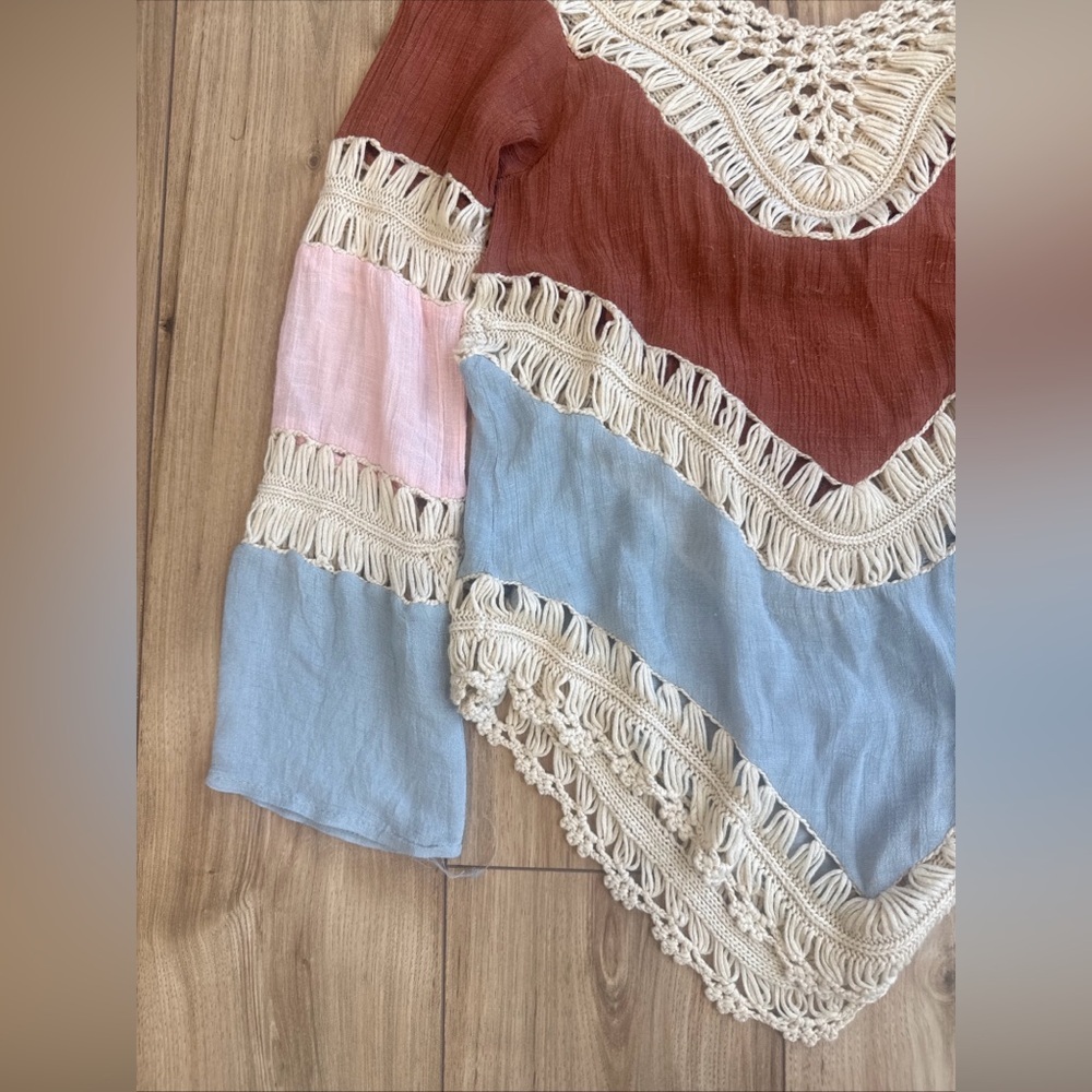 Beautiful Sz S Boho Hippie Crochet Gauzy Striped V-Neck Long Sleeve Top Coverup - Picture 10 of 10